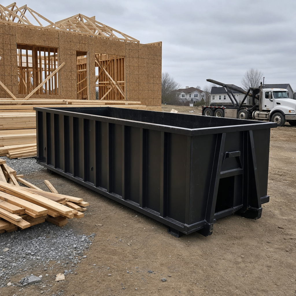 Matte-black 40-yard roll-off dumpster staged on a framed-out residential construction site in Akron, framing lumber stacked nearby, hooklift delivery truck visible in the background under bright Colorado daylight