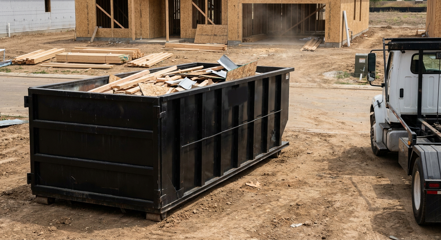 Matte-black 20-yard roll-off construction dumpster with heavy ribbed steel sidewalls and swing rear doors at a working jobsite in Akron, sitting directly on compacted dirt with an unmarked white hauler partially visible at the far edge of the frame.