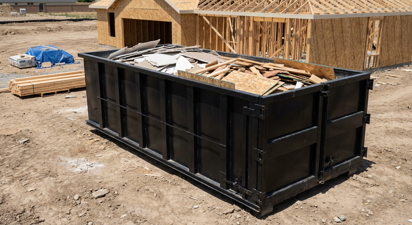 Matte-black 30-yard roll-off construction dumpster sitting directly on the compacted-dirt site of a framed single-family home build in Akron, drywall and lumber scrap loaded inside.