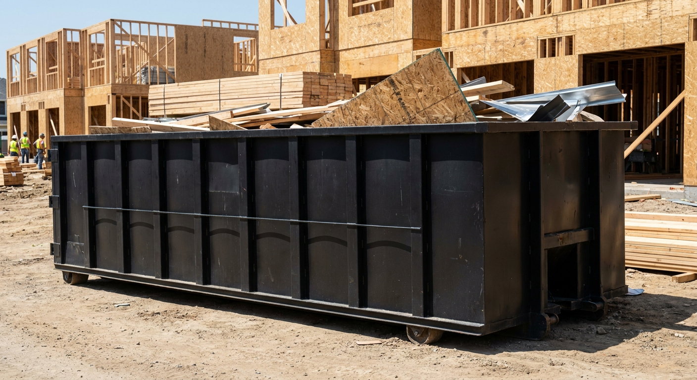Matte-black 40-yard roll-off construction dumpster being lowered from a white-cab hooklift delivery truck onto the compacted-dirt jobsite at a commercial build site in Akron