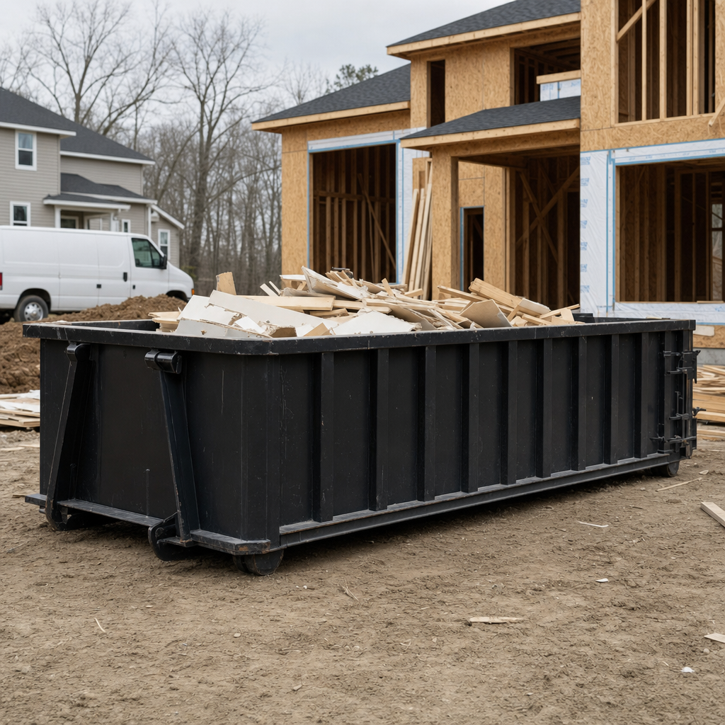 Worker in a yellow high-visibility vest tossing framing lumber and broken drywall into a matte-black 30-yard construction roll-off dumpster on an active build site in Akron, bright daylight