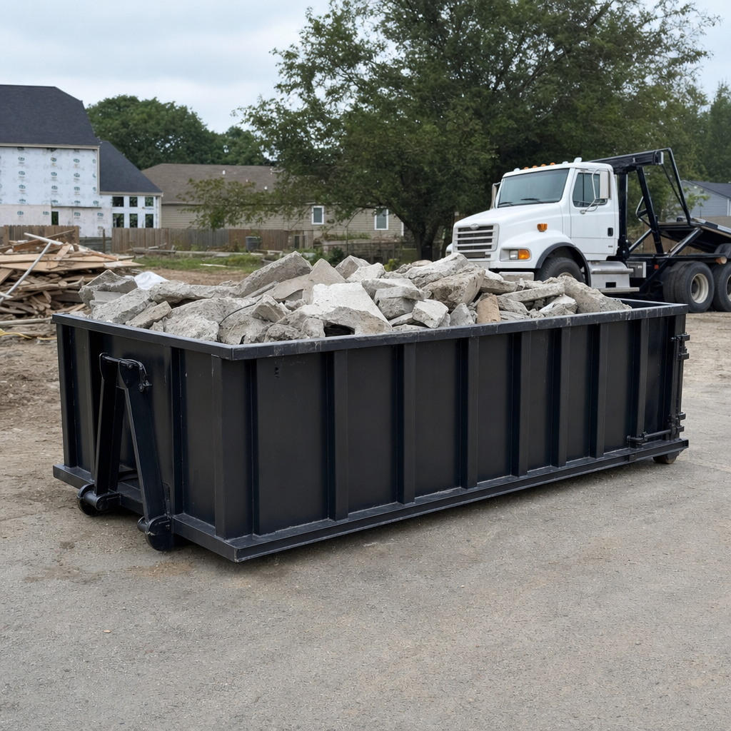 Low-profile matte-black lowboy roll-off dumpster loaded with broken concrete slab and rebar at a foundation tear-out in Akron, skid steer parked beside it, sunny Colorado morning