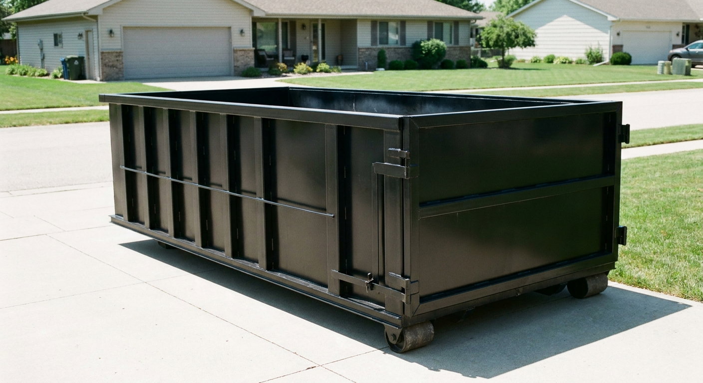 Matte-black 10-yard roll-off dumpster on a residential concrete driveway in Akron, uniformly painted matte black across every panel and rail, ribbed steel sidewalls and rear swing door visible, mid-day daylight.