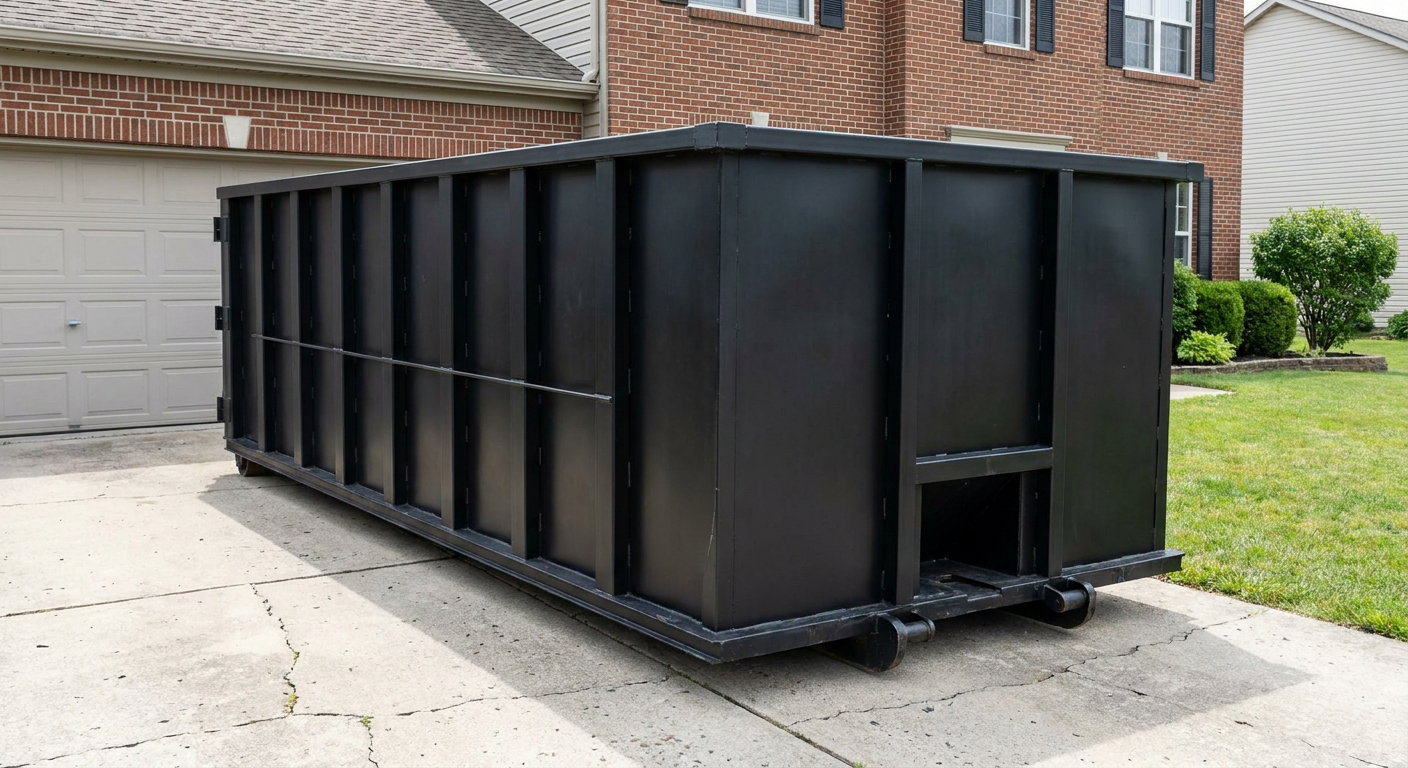 Matte-black 20-yard roll-off container on a Akron residential concrete driveway with reinforced ribbed steel sidewalls and a hinged rear walk-in door, clean bright daylight.