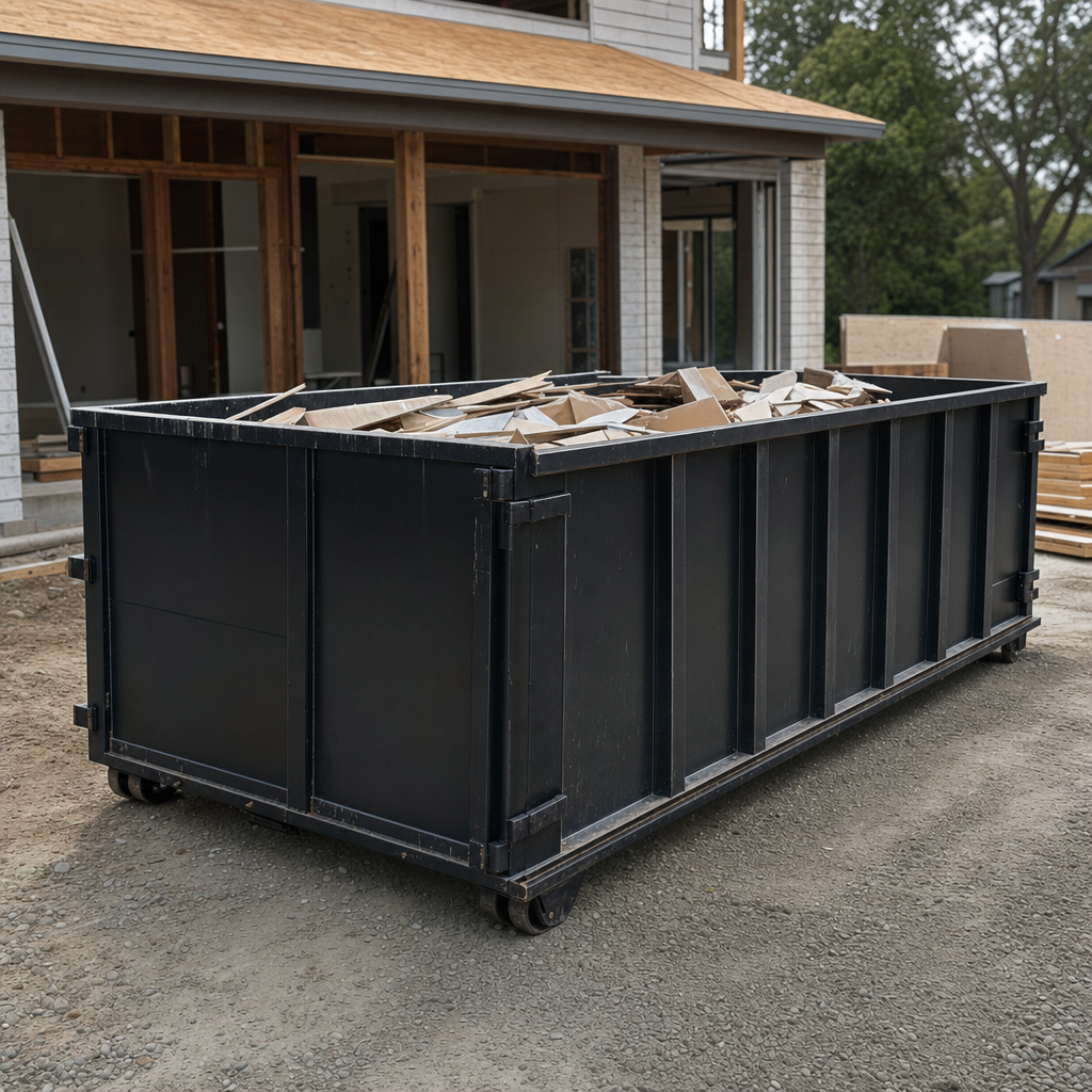 Large matte-black 30-yard construction roll-off dumpster at an active Akron jobsite, steel-gray top rails and bottom rollers visible, loaded with construction debris.