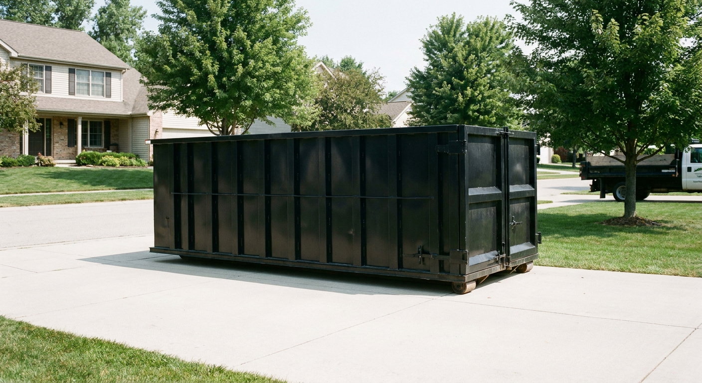 Matte-black 20-yard roll-off dumpster sitting level on a clean Akron residential concrete driveway under bright daylight, demonstrating clean placement directly on the concrete.