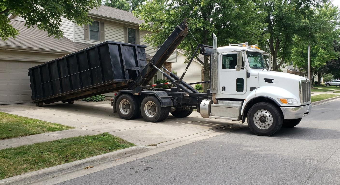 White-cab hooklift roll-off truck actively lowering a matte-black dumpster onto a Akron residential concrete driveway, the dumpster's rear wheels touching the driveway as the hoist arm tilts the bed forward, mid-morning daylight.