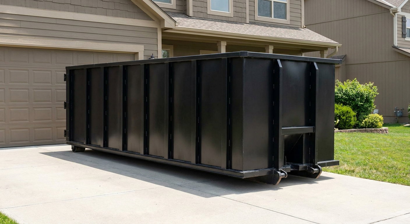 Matte-black residential roll-off dumpster sitting directly on a suburban Akron concrete driveway, garage door closed, single-family home in background, bright morning daylight.