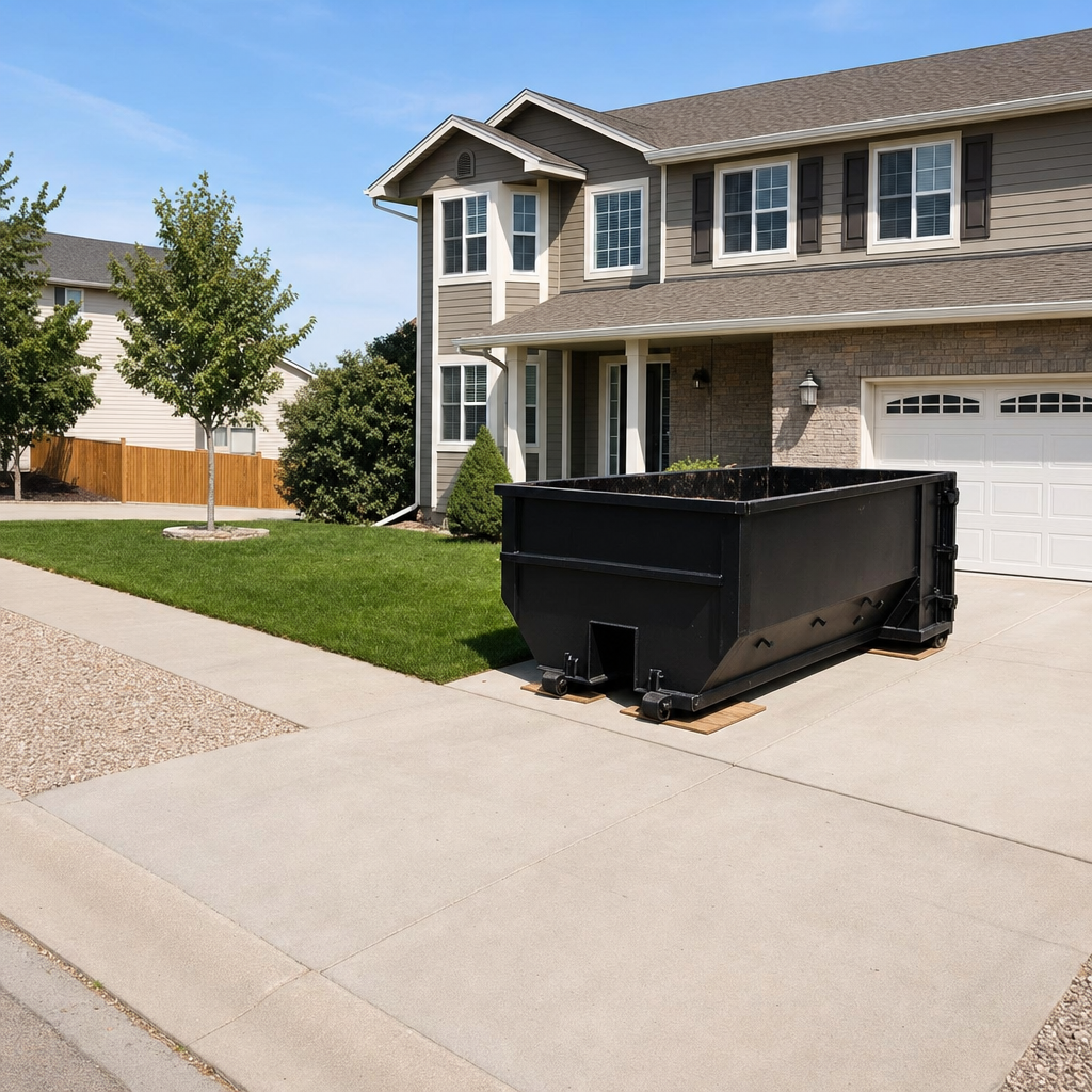 10-yard matte-black residential dumpster placed directly on a narrow Akron concrete driveway, room remains for a parked sedan beside it, mid-morning natural light