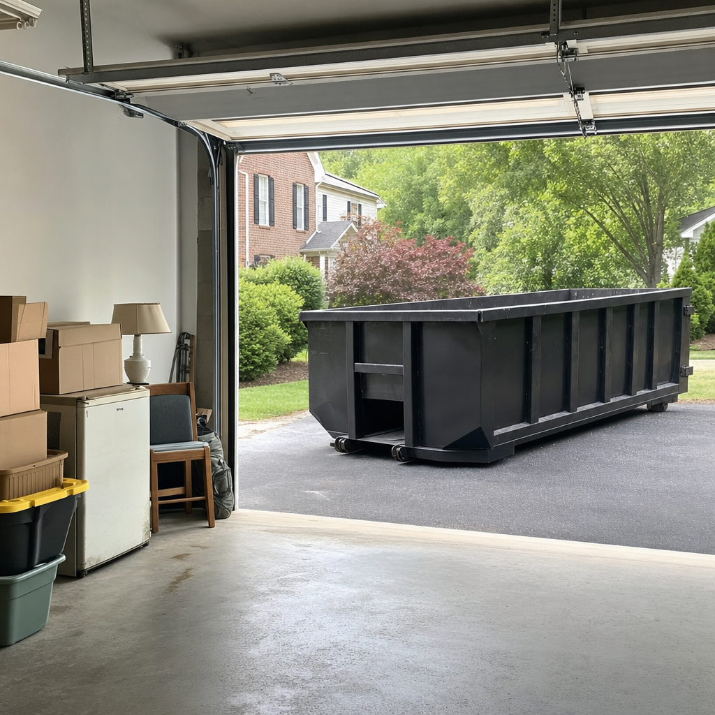 Open garage interior in a Akron home mid-cleanout — boxed items, an old appliance, and stacked yard tools queued near the driveway for a matte-black roll-off dumpster, organized and calm