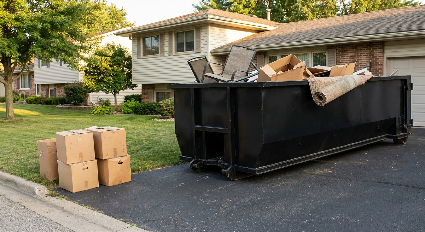 Front-yard view of a Akron split-level home with a 20-yard matte-black roll-off dumpster sitting directly on the asphalt driveway, a few clearly labeled donation boxes staged at the curb, calm sunny afternoon.
