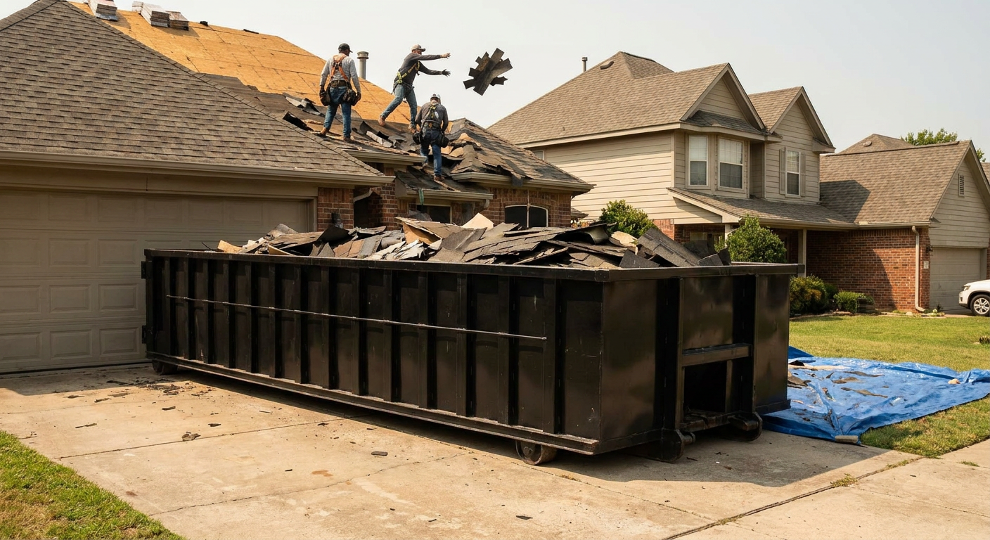 Matte-black roofing roll-off dumpster placed directly on a Akron residential concrete driveway, a tear-off crew on a two-story asphalt-shingle roof tossing shingle bundles into the low-walled container, bright daylight, documentary 35mm perspective.