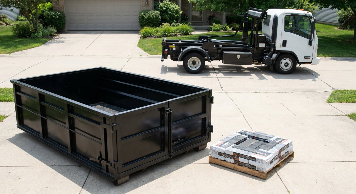 Matte-black 15-yard roofing roll-off dumpster with reinforced low side walls sitting directly on a Akron residential concrete driveway, three-tab asphalt shingle bundles stacked nearby, an unmarked white hauler truck partially visible at the edge of the frame.