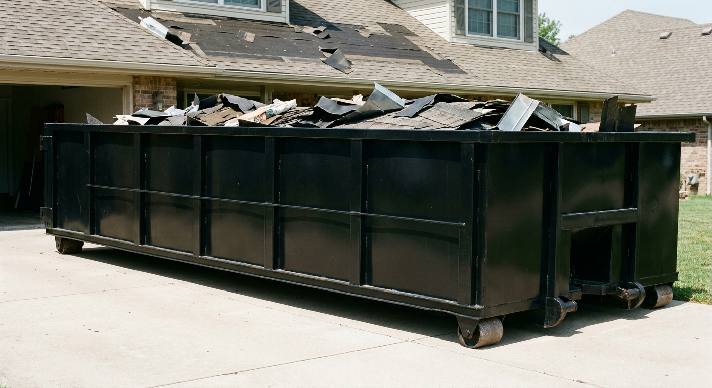 Matte-black 20-yard roofing roll-off dumpster with steel ribbed sides and swinging rear door, sitting directly on the concrete driveway of a two-story Akron home, asphalt shingle debris being loaded over the low wall, clean documentary lighting.