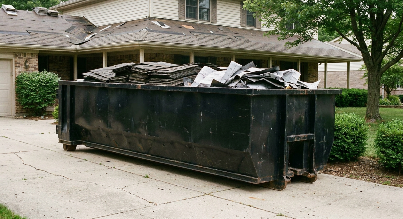 Matte-black 30-yard roofing roll-off dumpster sitting directly on a Akron concrete driveway, taller ribbed steel side panels, mixed tear-off debris of asphalt shingles and underlayment inside, professional documentary daylight.