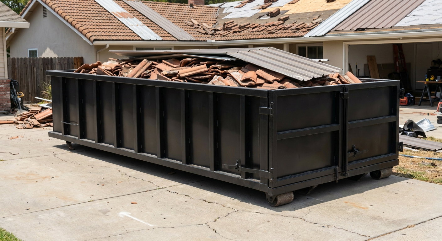 Matte-black low-wall heavy-debris roofing roll-off dumpster sitting directly on a Akron concrete driveway, broken concrete clay roof tiles and metal panel sections loaded inside, reinforced ribbed steel side walls visible, bright outdoor daylight.