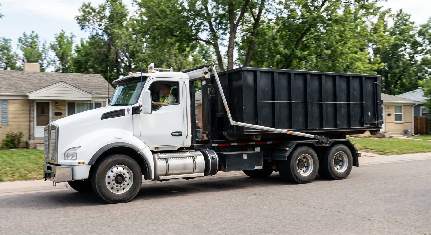 A wide documentary shot of a matte-black roll-off delivery truck pulling onto a quiet Akron residential street at mid-morning, with neighborhood rooftops and tree-lined blocks visible behind, showing the metro coverage footprint.