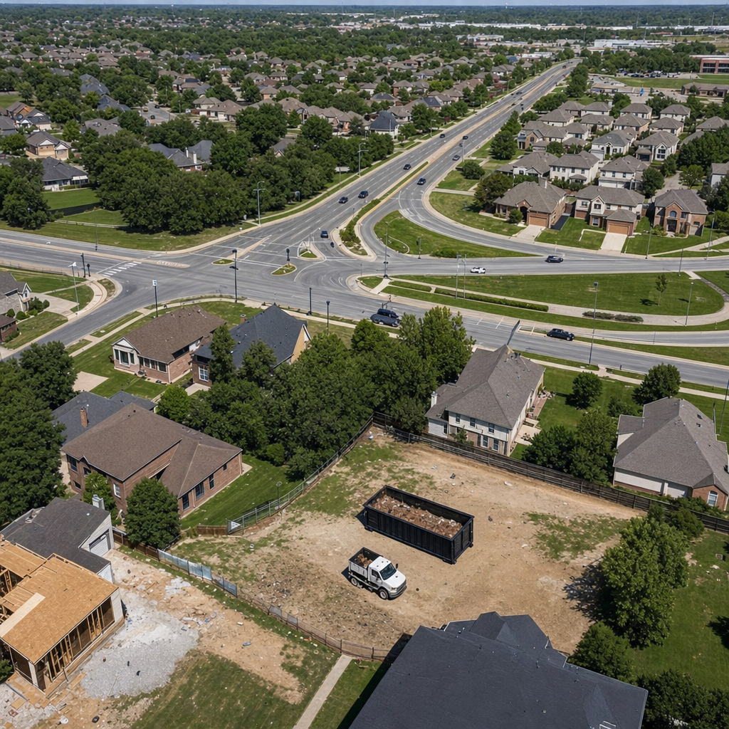 An overhead documentary view of the Akron metro area at midday, showing the spread of neighborhoods, arterial roads, and the dispatch radius from a central yard — clean daylight, organized geographic layout.