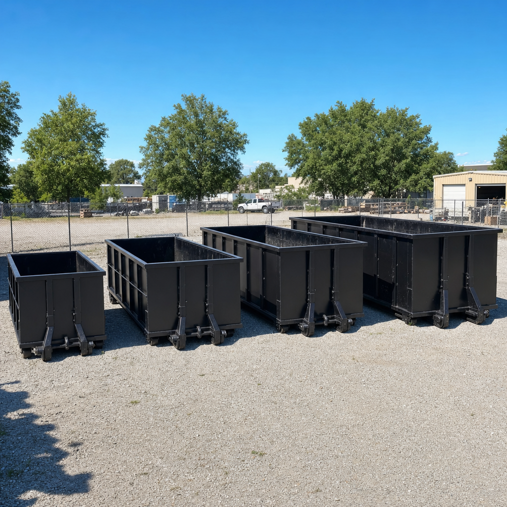 A clean lineup of matte-black roll-off dumpsters in 10, 20, 30, and 40-yard sizes staged on a sunlit gravel yard in Akron, showing the size progression from compact to commercial-scale containers.