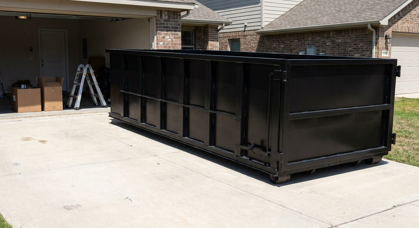 A matte-black 10-yard roll-off dumpster sitting directly on a residential Akron concrete driveway, mid-day sunlight, clean and ready for a garage cleanout.