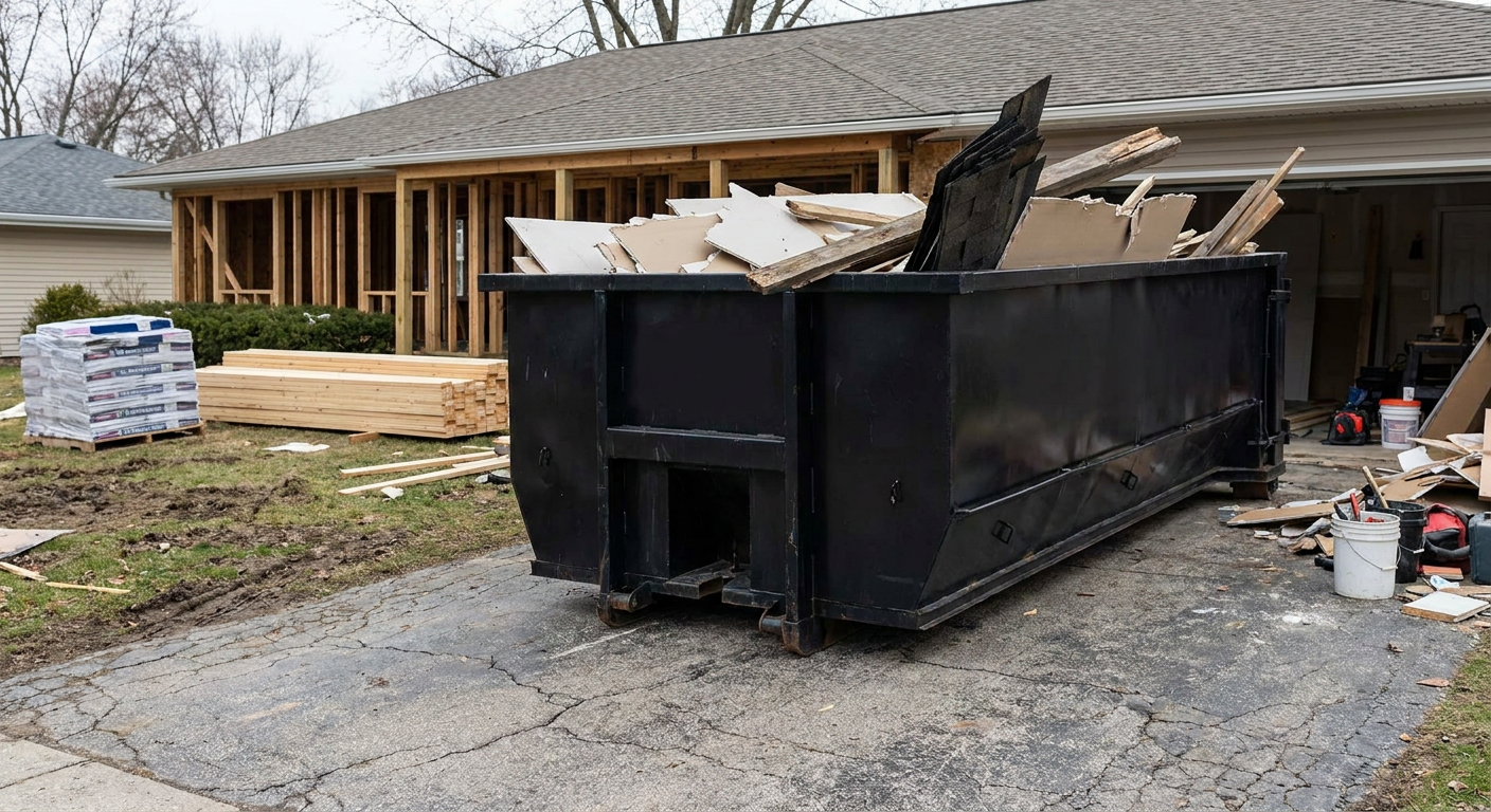 A matte-black 20-yard roll-off dumpster placed alongside a mid-renovation Akron home directly on the asphalt driveway, with framing materials and torn-off shingles staged neatly nearby.