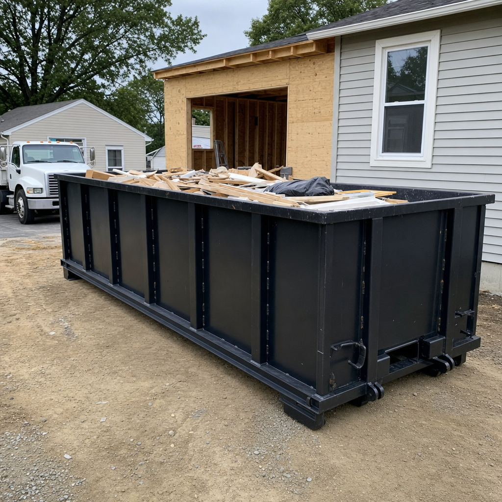 A matte-black 30-yard roll-off dumpster positioned at a Akron residential addition jobsite, with framing lumber and drywall scraps loaded through the open swinging rear doors.