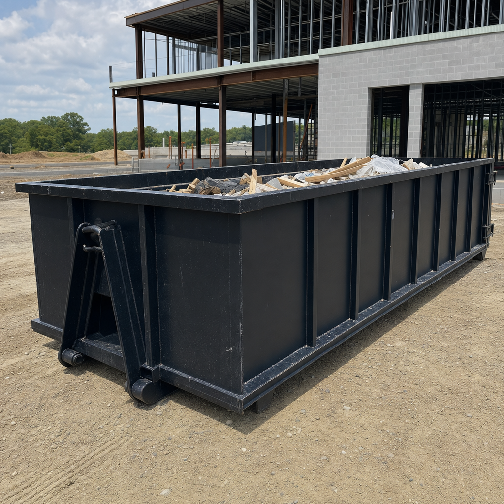 A matte-black 40-yard roll-off dumpster staged on a large Akron commercial construction lot, with a hooklift delivery truck parked alongside under bright midday sky.