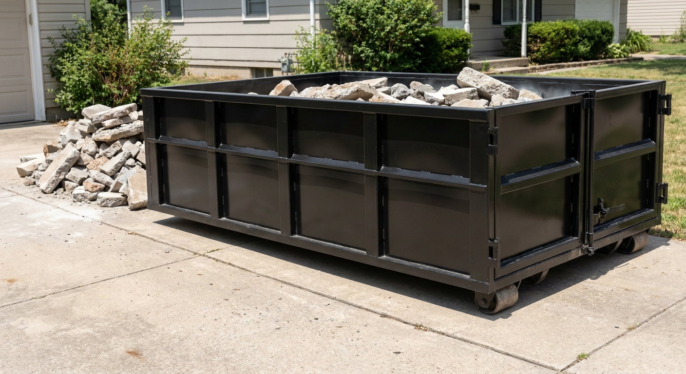 A matte-black low-side heavy-debris roll-off dumpster placed directly on a Akron concrete driveway, with broken concrete chunks neatly stacked beside it under clean daylight.